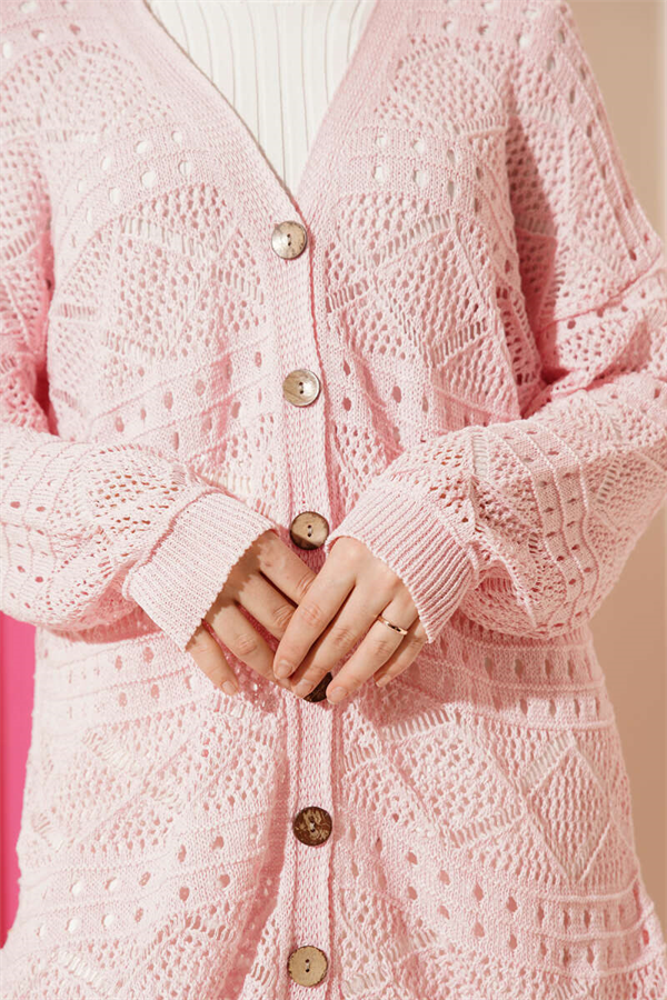 Pink Openwork Knit Cardigan with Wooden Buttons