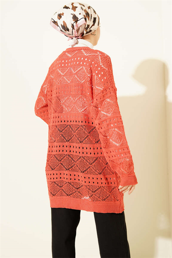 Coral Openwork Knit Cardigan with Wooden Buttons