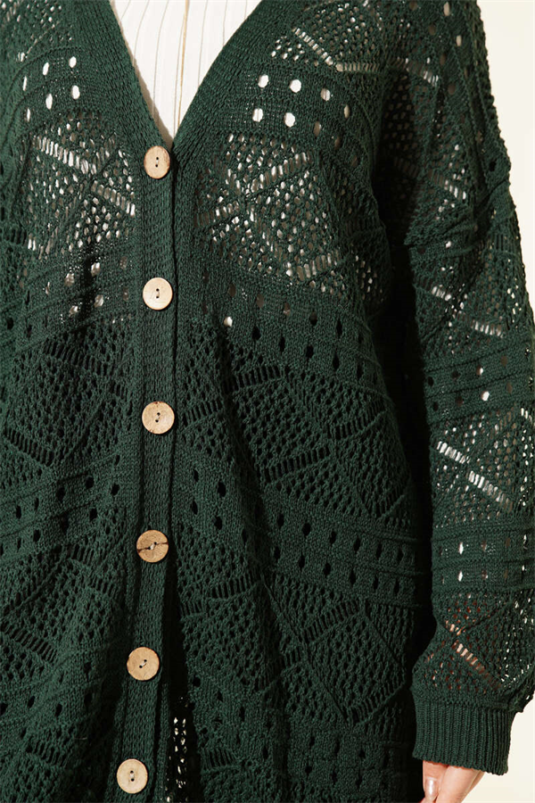 Emerald Green Openwork Knit Cardigan with Wooden Buttons
