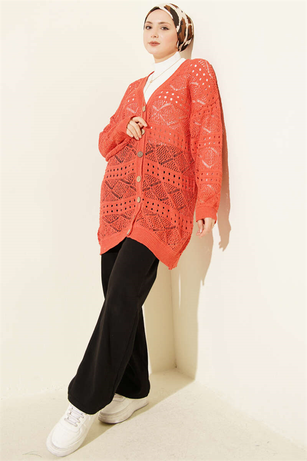 Coral Openwork Knit Cardigan with Wooden Buttons