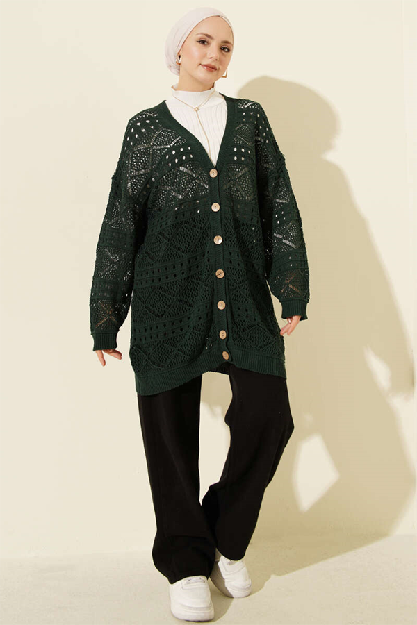 Emerald Green Openwork Knit Cardigan with Wooden Buttons