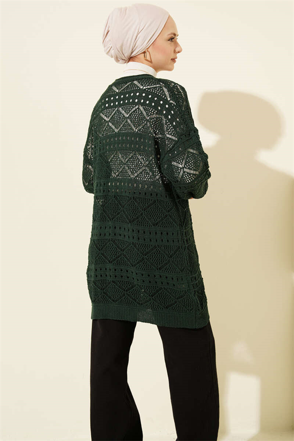 Emerald Green Openwork Knit Cardigan with Wooden Buttons
