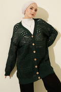 Emerald Green Openwork Knit Cardigan with Wooden Buttons