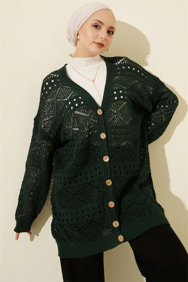 Emerald Green Openwork Knit Cardigan with Wooden Buttons