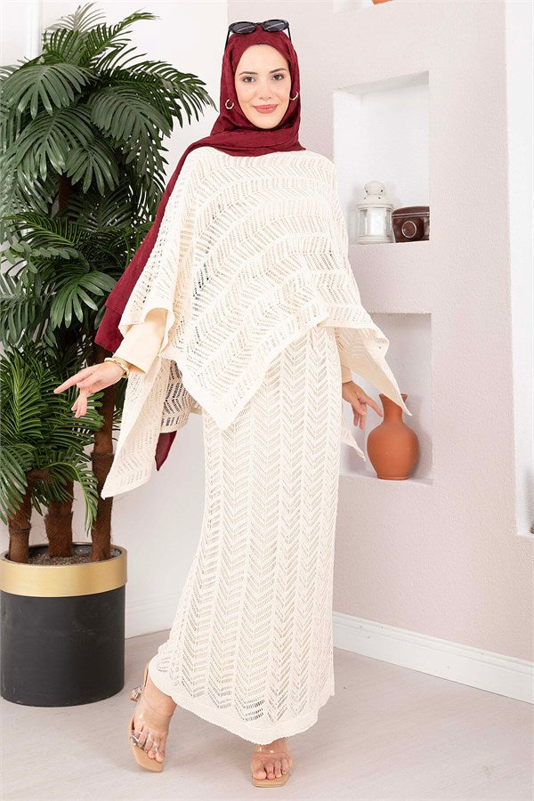 Openwork Blouse Skirt Knit 2 Piece Set, Ecru
