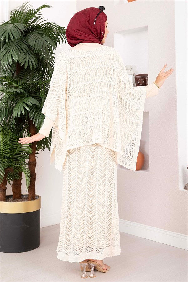 Openwork Blouse Skirt Knit 2 Piece Set, Ecru