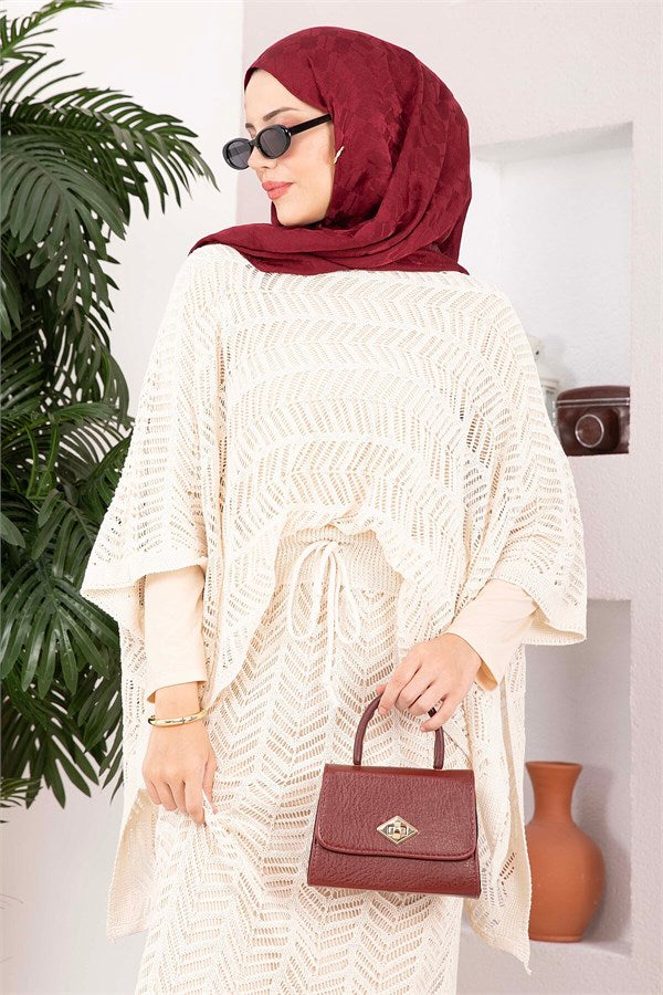 Openwork Blouse Skirt Knit 2 Piece Set, Ecru