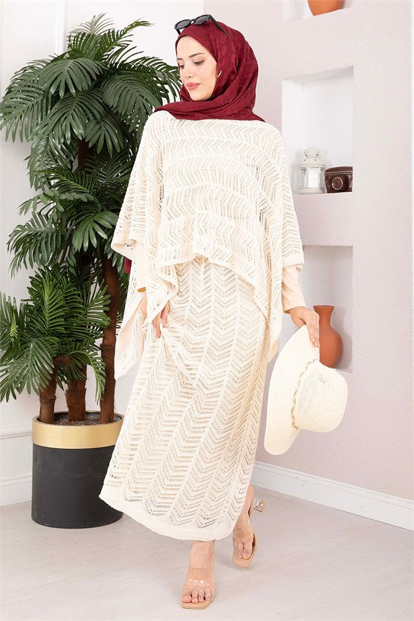 Openwork Blouse Skirt Knit 2 Piece Set, Ecru