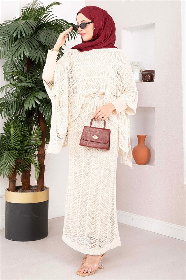 Openwork Blouse Skirt Knit 2 Piece Set, Ecru