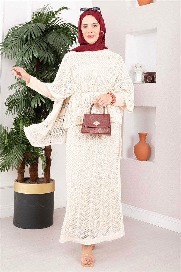 Openwork Blouse Skirt Knit 2 Piece Set, Ecru