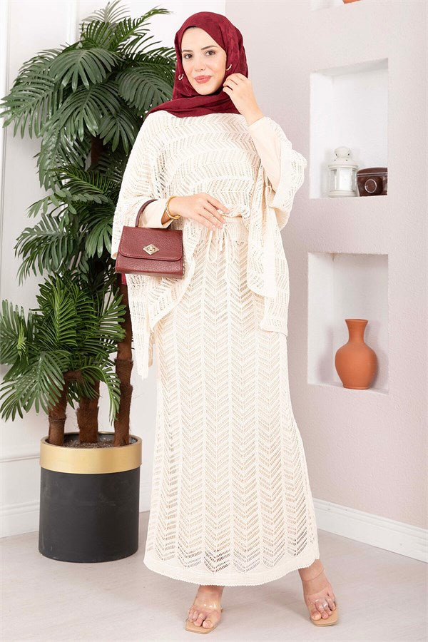 Openwork Blouse Skirt Knit 2 Piece Set, Ecru