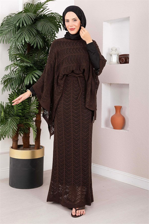 Openwork Blouse Skirt Knit 2 Piece Set Coffee