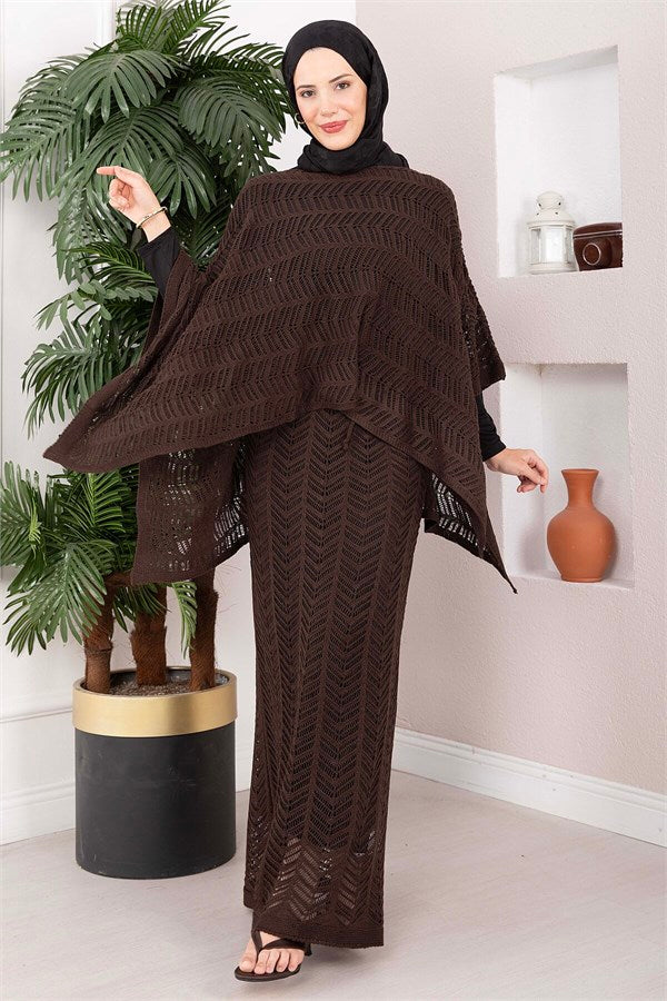 Openwork Blouse Skirt Knit 2 Piece Set Coffee