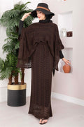 Openwork Blouse Skirt Knit 2 Piece Set Coffee