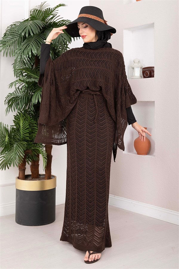 Openwork Blouse Skirt Knit 2 Piece Set Coffee