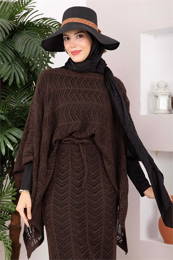 Openwork Blouse Skirt Knit 2 Piece Set Coffee