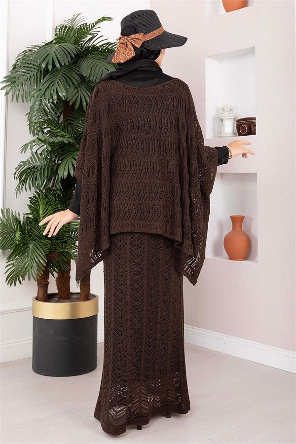 Openwork Blouse Skirt Knit 2 Piece Set Coffee
