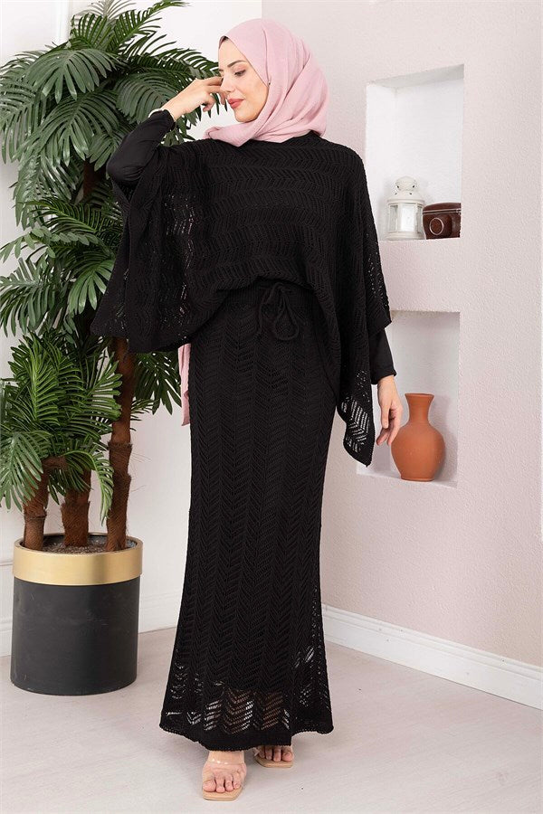 Openwork Blouse Skirt Knit 2 Piece Set Black