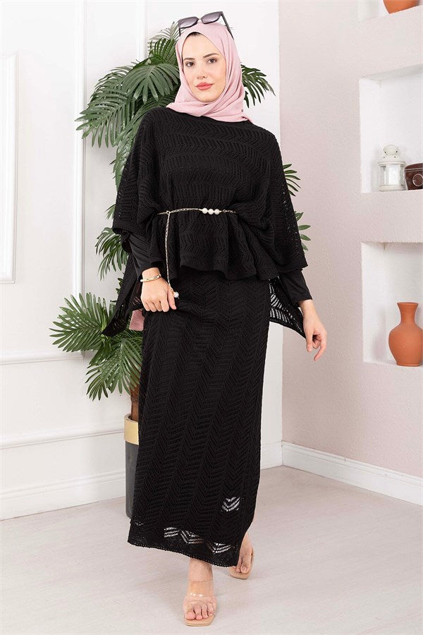 Openwork Blouse Skirt Knit 2 Piece Set Black