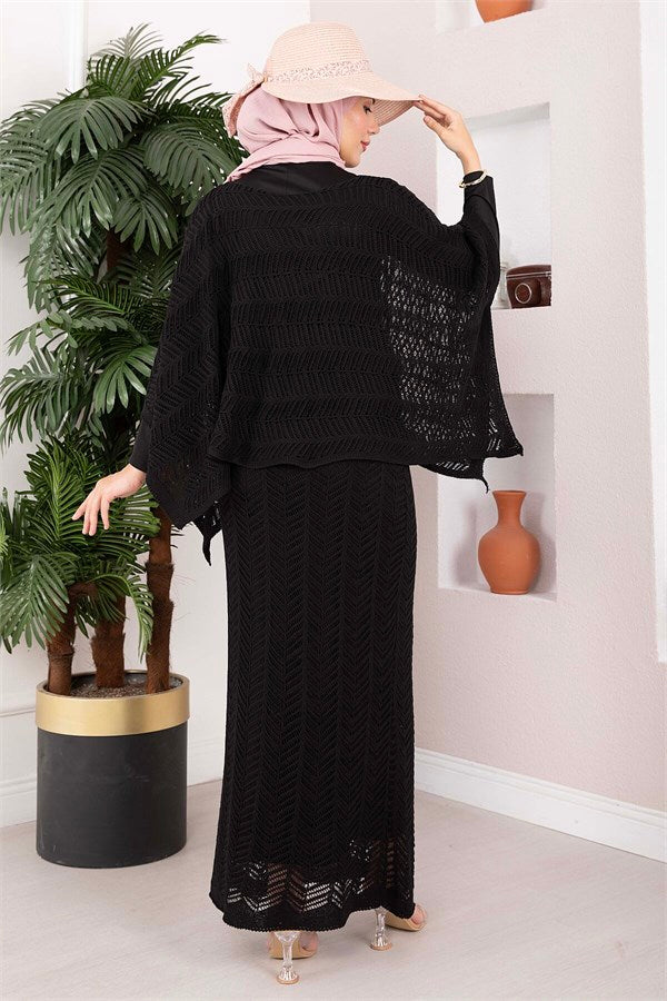Openwork Blouse Skirt Knit 2 Piece Set Black