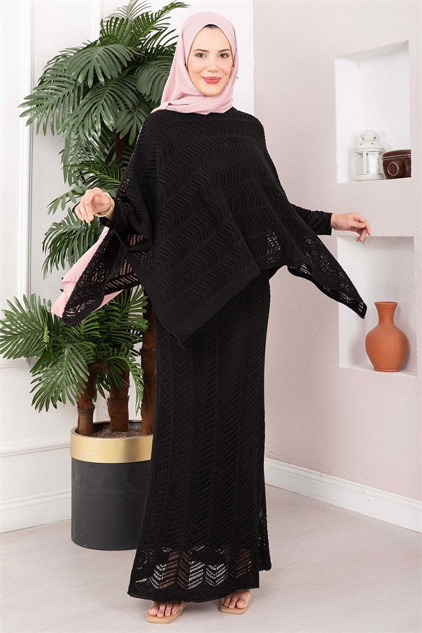 Openwork Blouse Skirt Knit 2 Piece Set Black