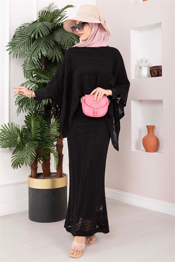 Openwork Blouse Skirt Knit 2 Piece Set Black