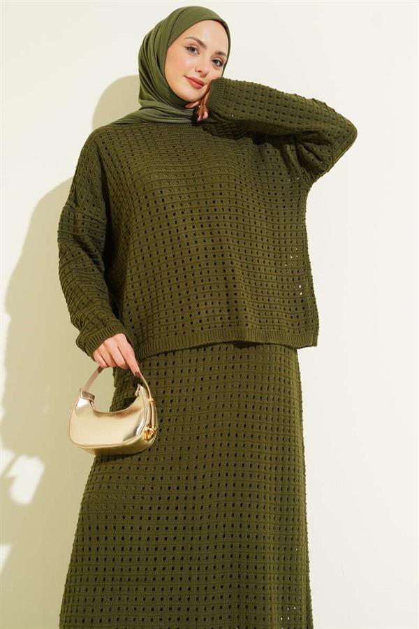 Two-Piece Knitted Set with Openwork Skirt, Khaki