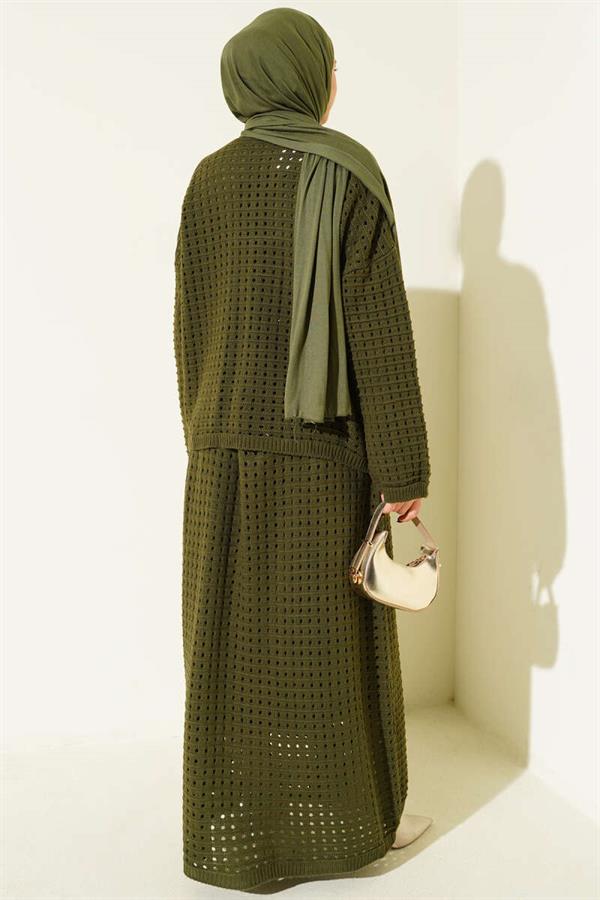 Two-Piece Knitted Set with Openwork Skirt, Khaki