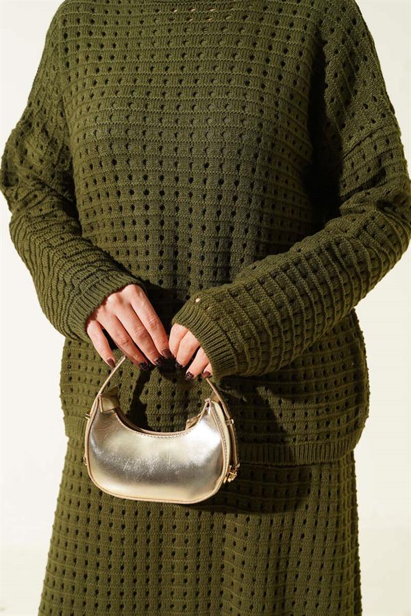 Two-Piece Knitted Set with Openwork Skirt, Khaki