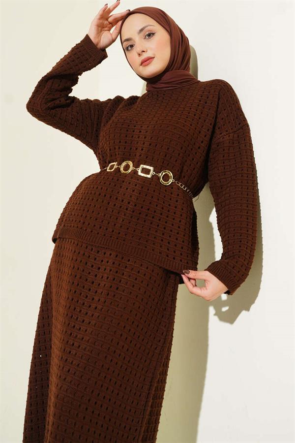Two-Piece Knitted Set with Openwork Skirt, Coffee