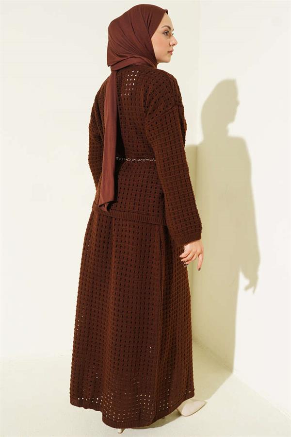 Two-Piece Knitted Set with Openwork Skirt, Coffee
