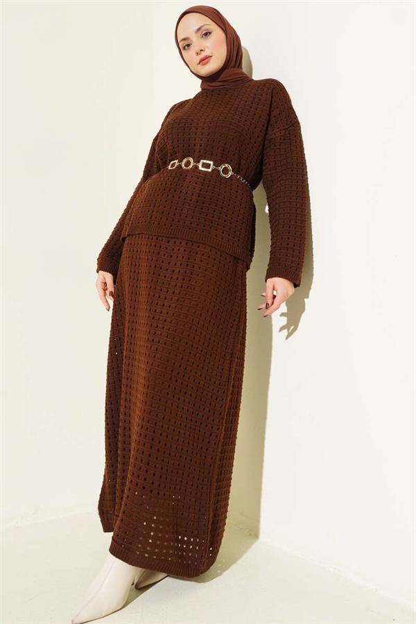 Two-Piece Knitted Set with Openwork Skirt, Coffee