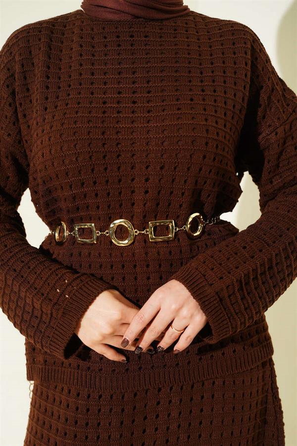 Two-Piece Knitted Set with Openwork Skirt, Coffee