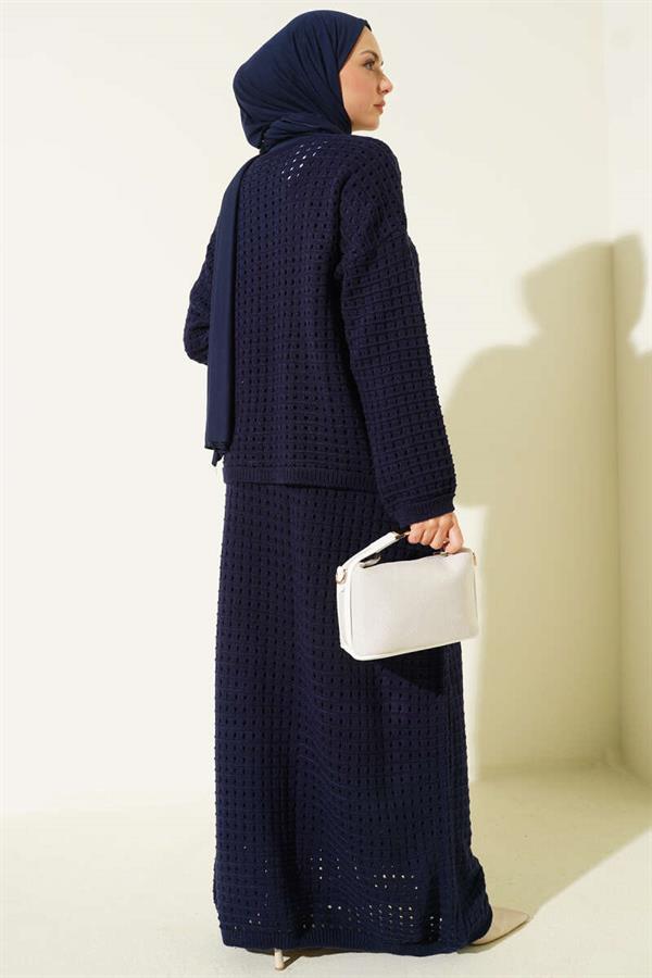Openwork Skirt and Knit 2 Piece Set, Navy Blue
