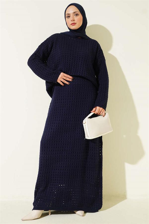 Openwork Skirt and Knit 2 Piece Set, Navy Blue