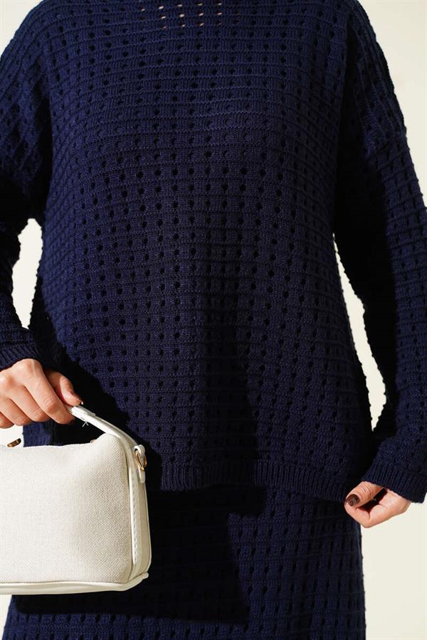 Openwork Skirt and Knit 2 Piece Set, Navy Blue