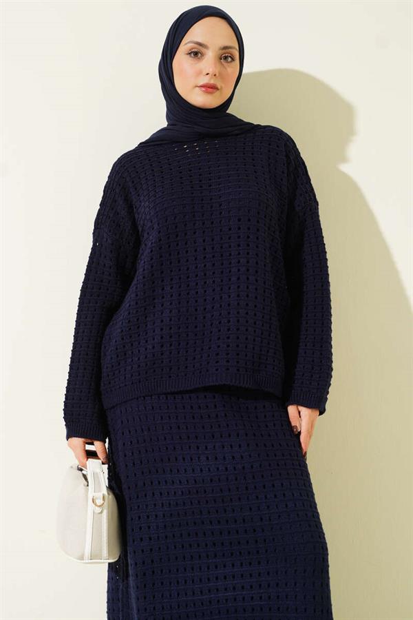 Openwork Skirt and Knit 2 Piece Set, Navy Blue