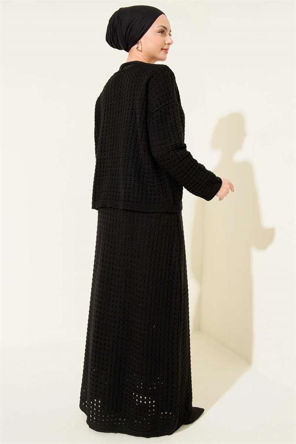 Openwork Skirt and Knit 2 Piece Set, Black