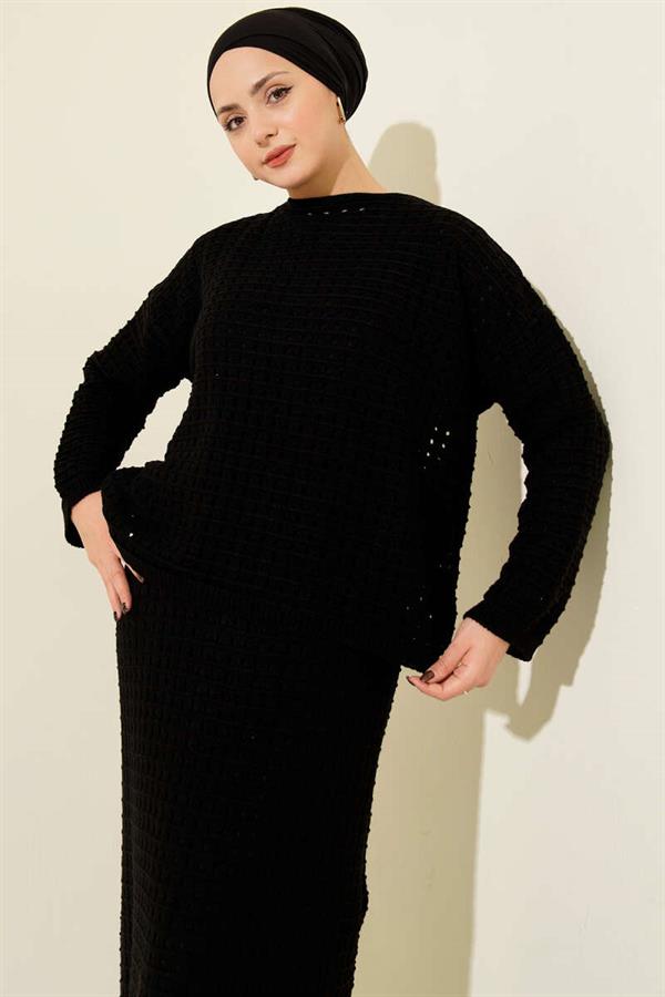 Openwork Skirt and Knit 2 Piece Set, Black