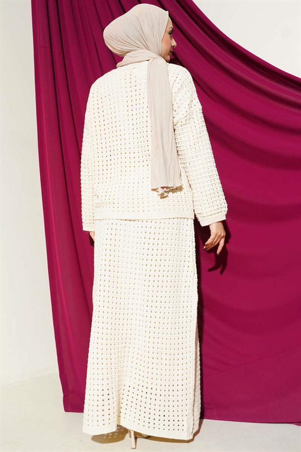 Two-Piece Knitted Set with Openwork Skirt in Stone