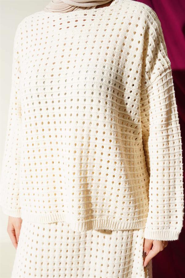 Two-Piece Knitted Set with Openwork Skirt in Stone