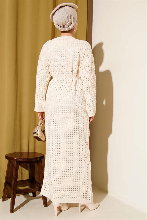 Openwork Knit Dress with Rope Belt, Beige