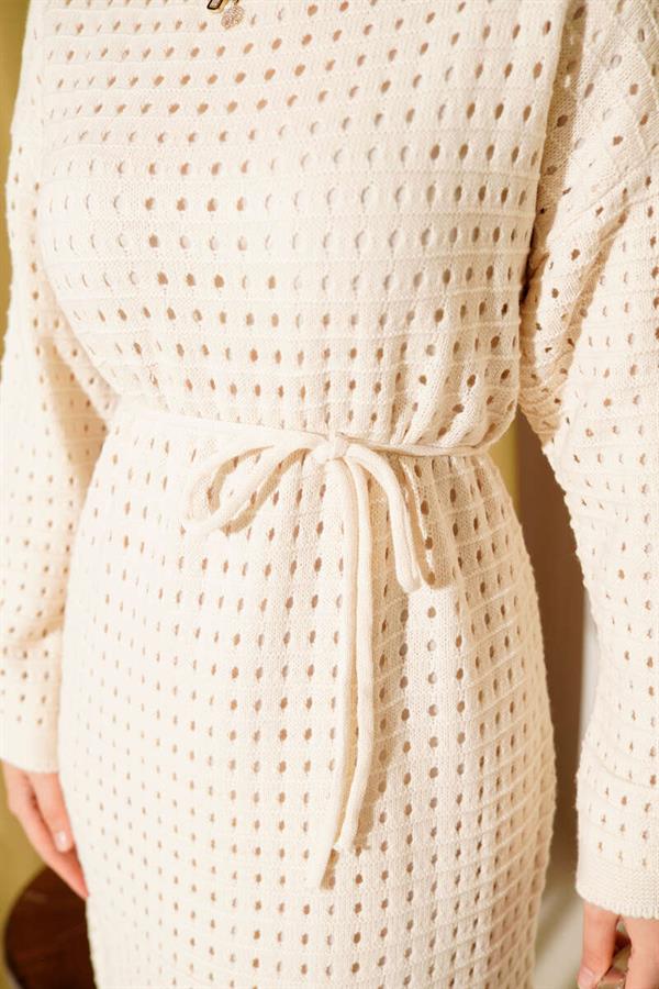 Openwork Knit Dress with Rope Belt, Beige