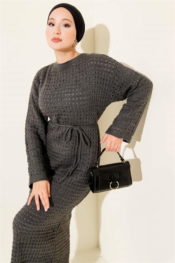 Openwork Knit Dress with Rope Belt, Smoke