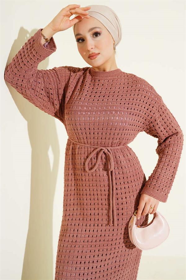 Openwork Knit Dress with Rope Belt, Dusty Rose