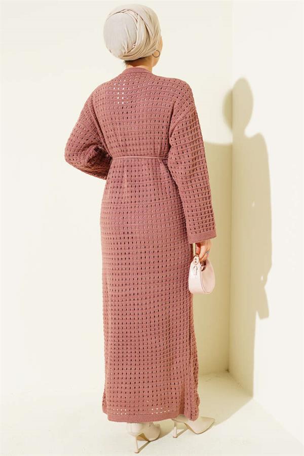 Openwork Knit Dress with Rope Belt, Dusty Rose