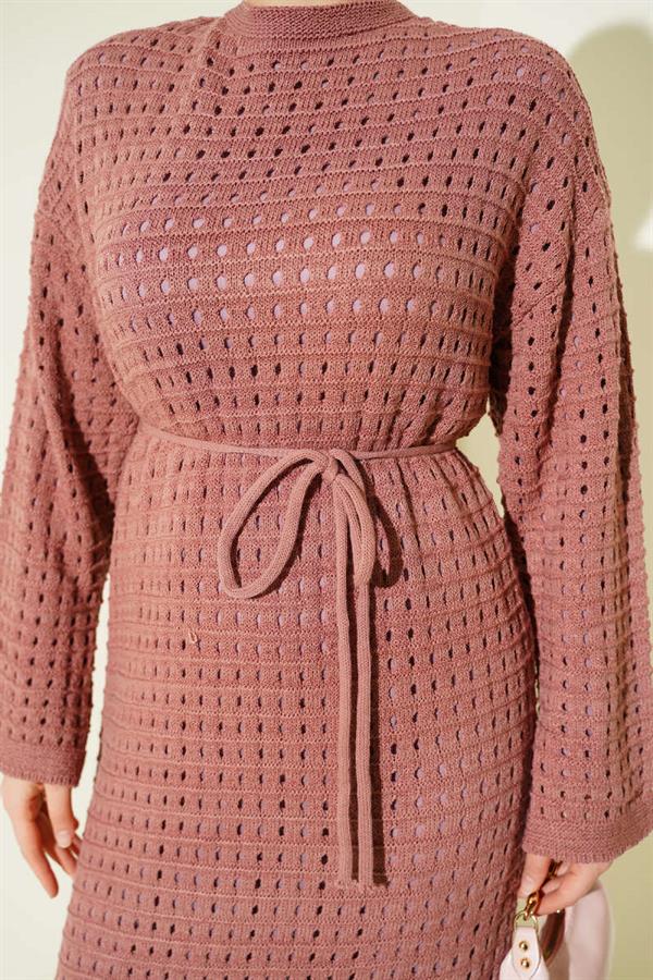 Openwork Knit Dress with Rope Belt, Dusty Rose