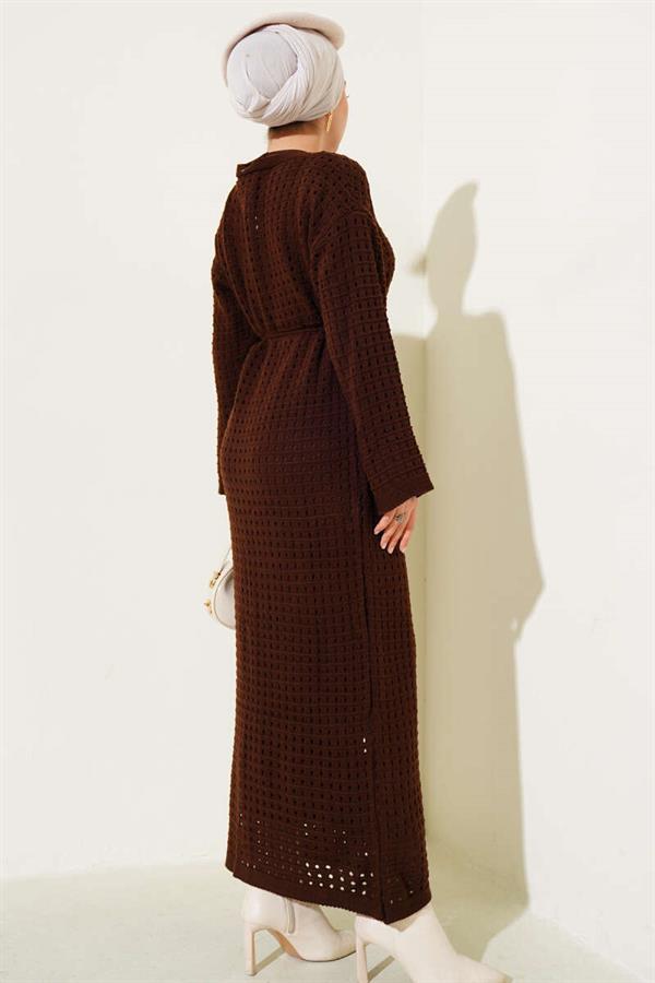 Openwork Knit Dress with Rope Belt, Brown