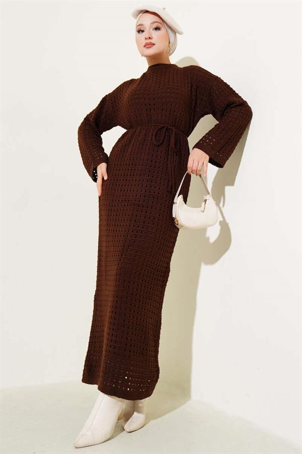 Openwork Knit Dress with Rope Belt, Brown