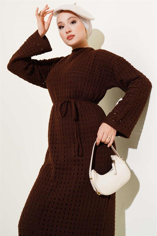 Openwork Knit Dress with Rope Belt, Brown